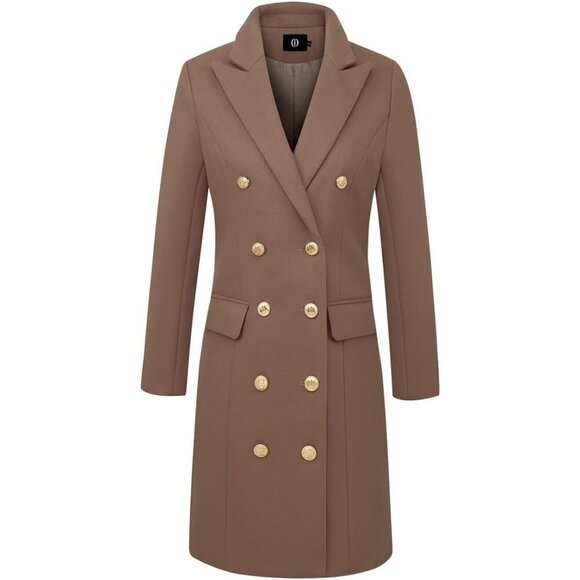 Women's Dark Khaki Double-Breasted Wool Midi Trench Peacoat for Fall & Winter - Picture 4 of 6